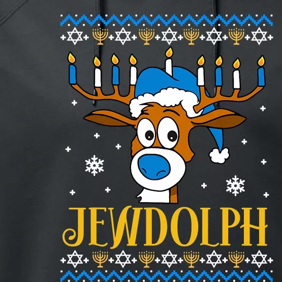 Hanukkah Gets A Humorous Touch With The Funny Jewdolph Ugly Sweater Featuring A Performance Fleece Hoodie