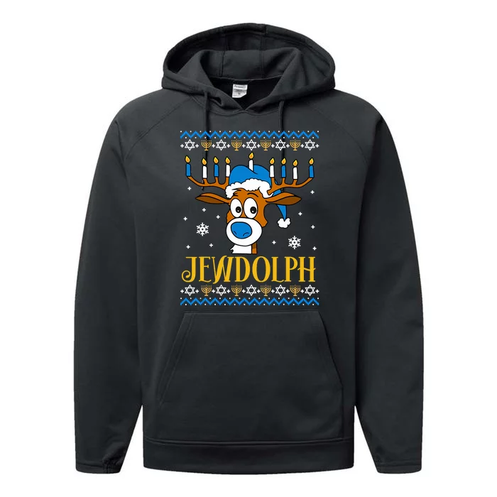 Hanukkah Gets A Humorous Touch With The Funny Jewdolph Ugly Sweater Featuring A Performance Fleece Hoodie