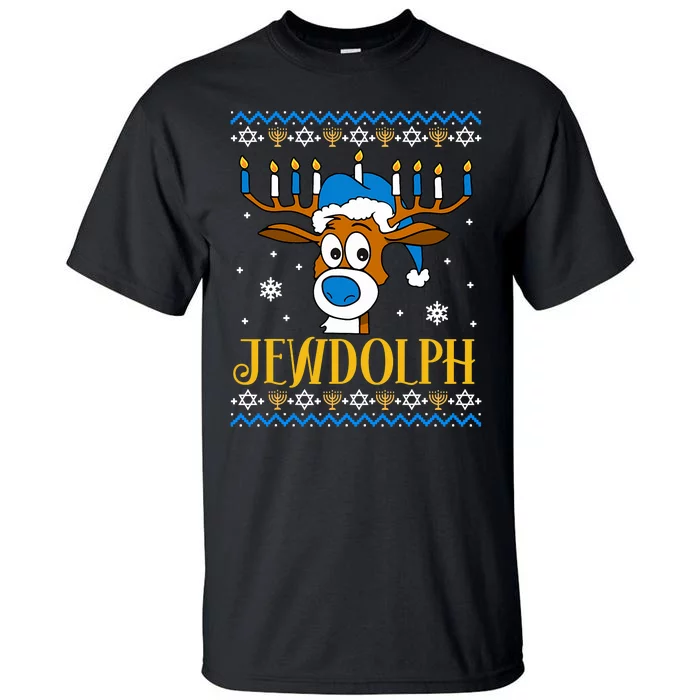 Hanukkah Gets A Humorous Touch With The Funny Jewdolph Ugly Sweater Featuring A Tall T-Shirt