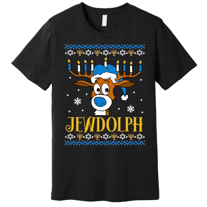 Hanukkah Gets A Humorous Touch With The Funny Jewdolph Ugly Sweater Featuring A Premium T-Shirt