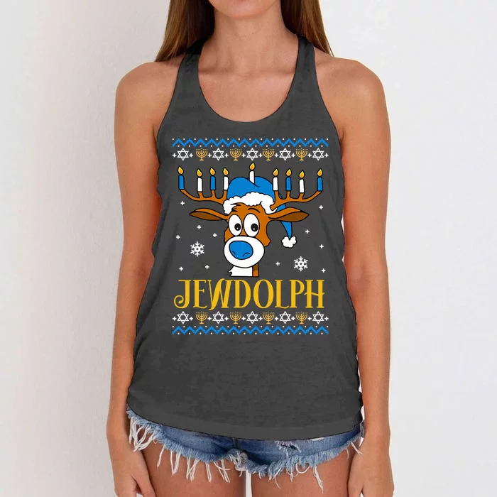 Hanukkah Gets A Humorous Touch With The Funny Jewdolph Ugly Sweater Featuring A Women's Knotted Racerback Tank