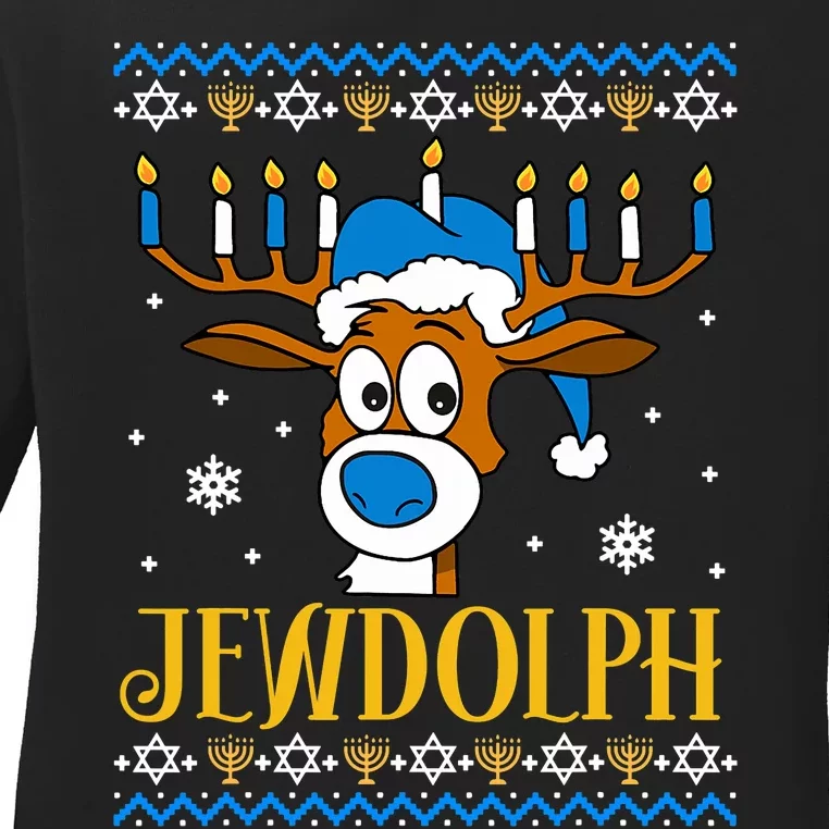 Hanukkah Gets A Humorous Touch With The Funny Jewdolph Ugly Sweater Featuring A Ladies Long Sleeve Shirt