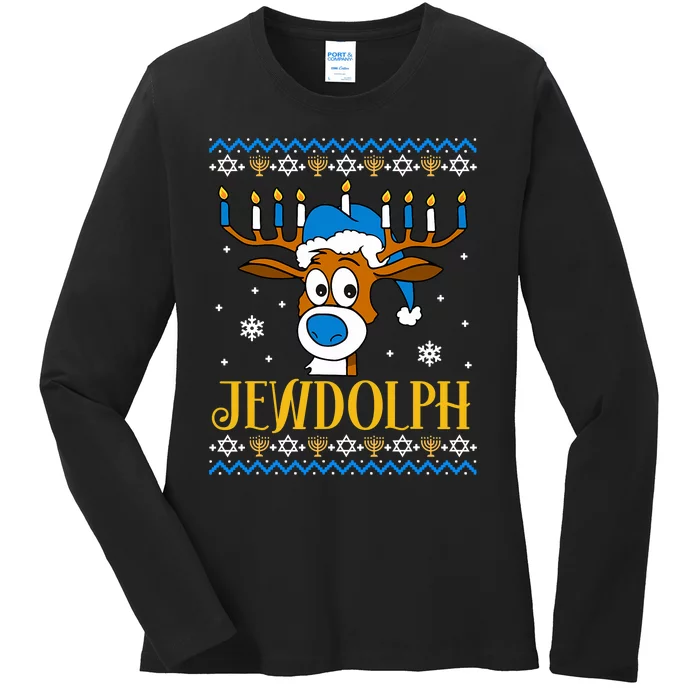 Hanukkah Gets A Humorous Touch With The Funny Jewdolph Ugly Sweater Featuring A Ladies Long Sleeve Shirt