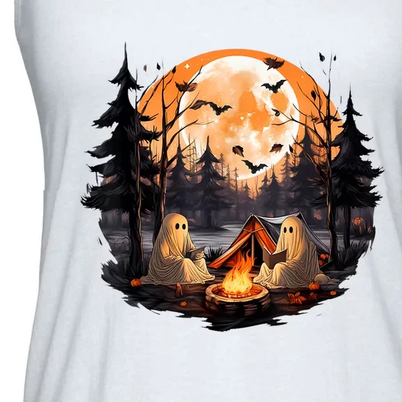 Halloween Ghost Book Reading Camping Halloween Pumpkin Ladies Essential Flowy Tank