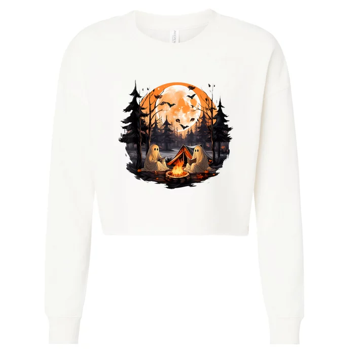 Halloween Ghost Book Reading Camping Halloween Pumpkin Cropped Pullover Crew