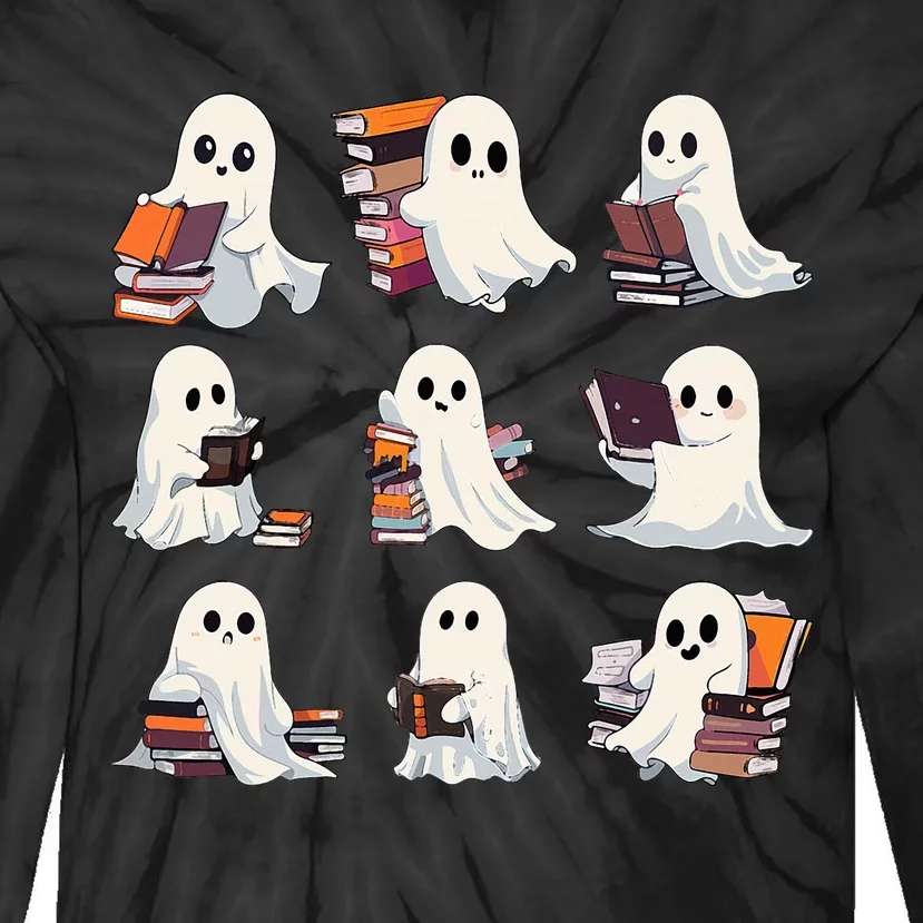 Halloween Ghostly Bookworm Teacher Tie-Dye Long Sleeve Shirt