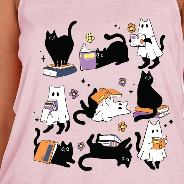 Halloween Ghost Black Cat Reading Book Costume Women's Knotted Racerback Tank