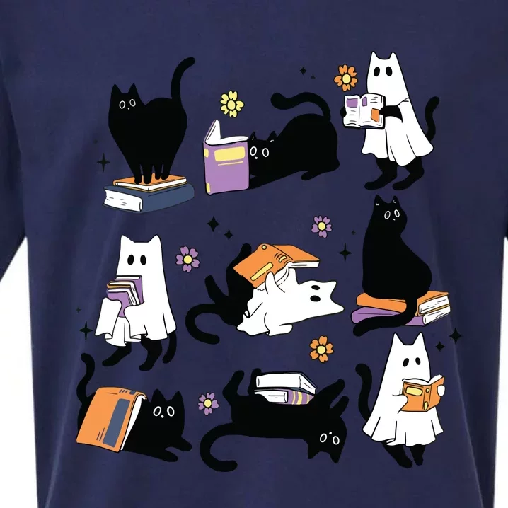 Halloween Ghost Black Cat Reading Book Costume Sueded Cloud Jersey T-Shirt