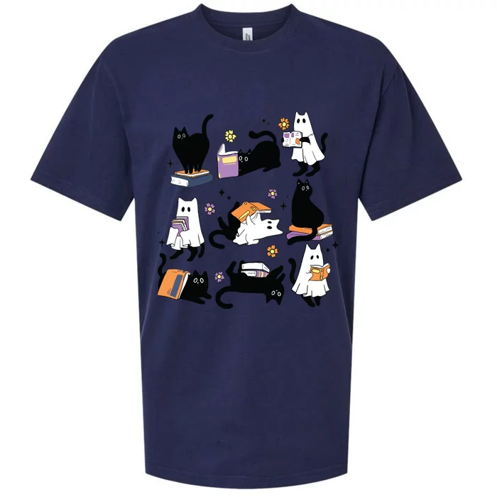 Halloween Ghost Black Cat Reading Book Costume Sueded Cloud Jersey T-Shirt