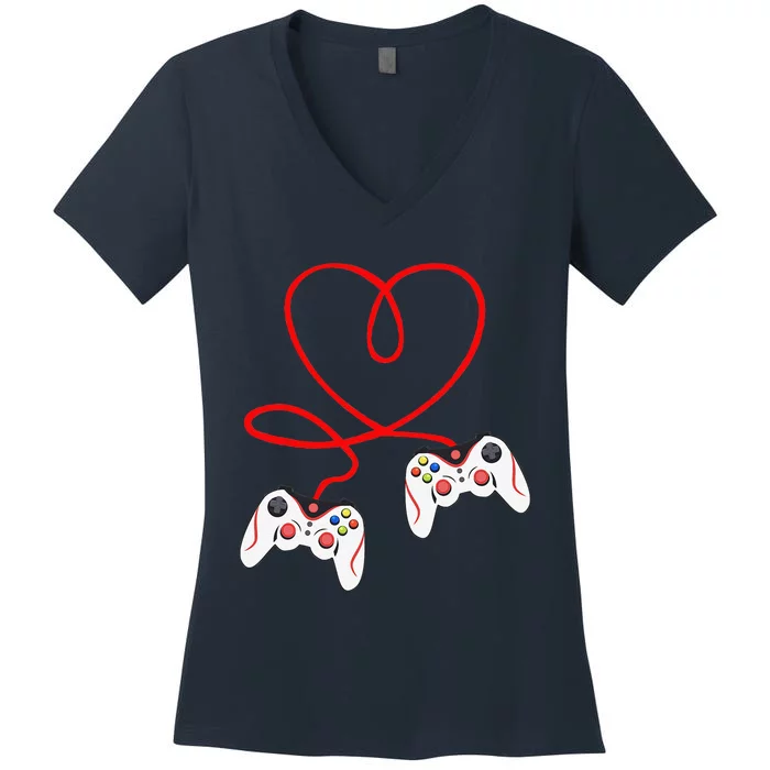 Heart Game Controllers Video Gamers Gaming Valentine's Day Women's V-Neck T-Shirt