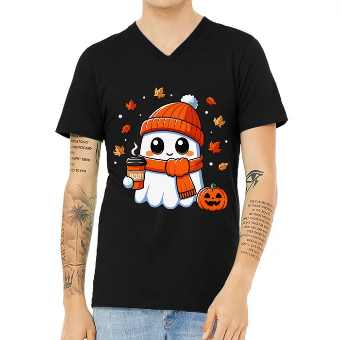 Halloween Ghost Coffee Boo Spooky Season Fall Gift V-Neck T-Shirt