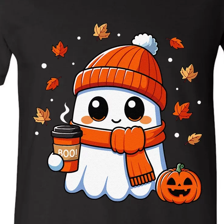 Halloween Ghost Coffee Boo Spooky Season Fall Gift V-Neck T-Shirt