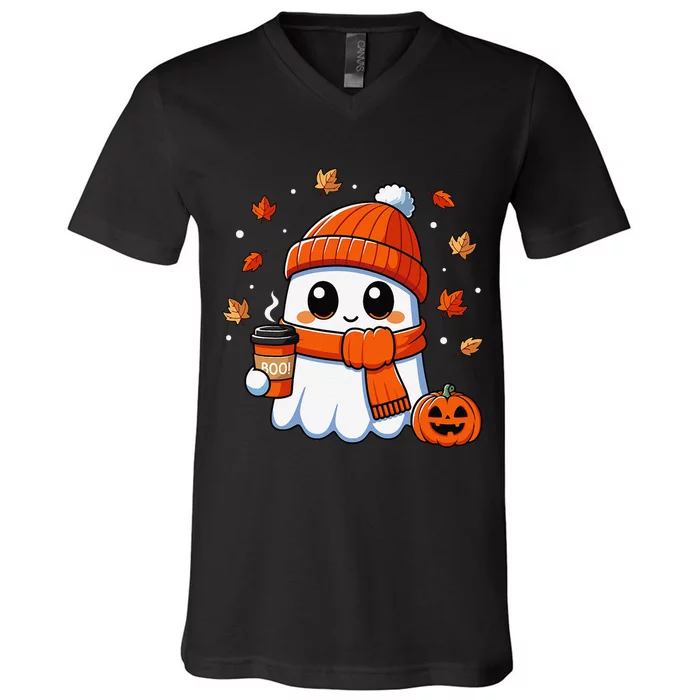 Halloween Ghost Coffee Boo Spooky Season Fall Gift V-Neck T-Shirt