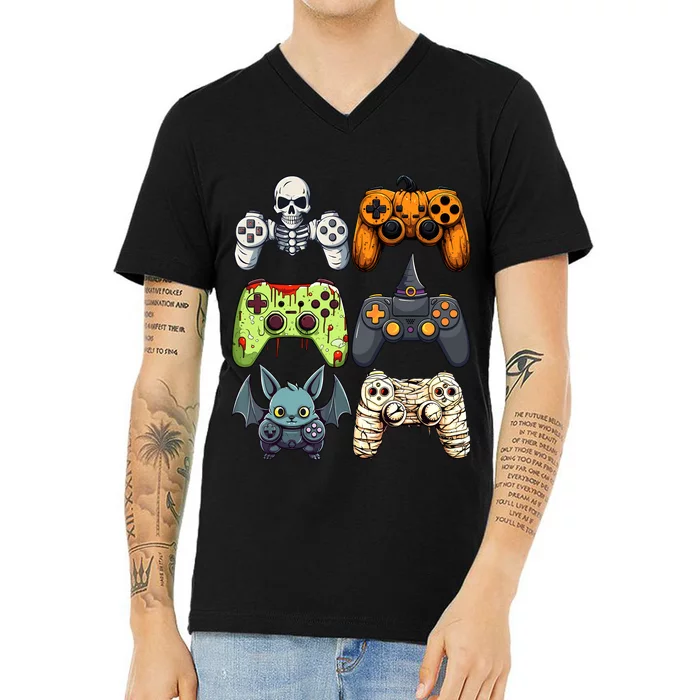 Halloween Gaming Controllers Skeleton Witch Zombie Mummy V-Neck T-Shirt