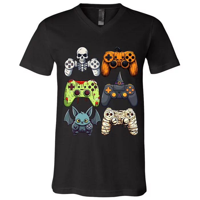 Halloween Gaming Controllers Skeleton Witch Zombie Mummy V-Neck T-Shirt