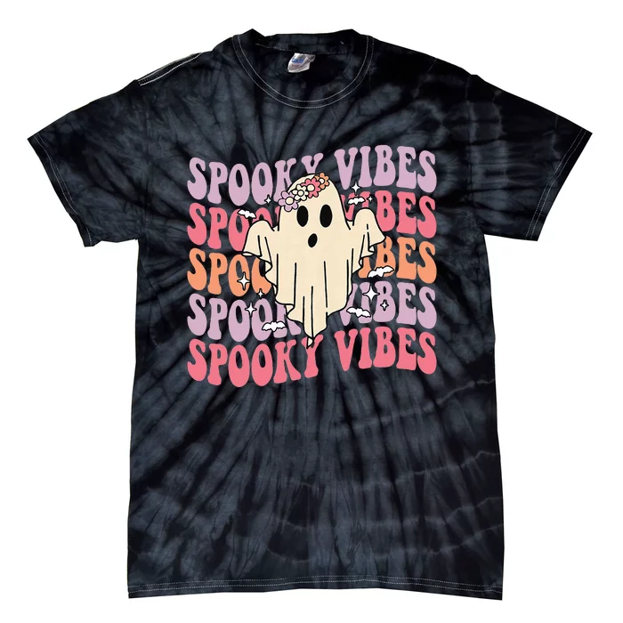 Halloween Ghost Costume with Retro Floral Spooky Vibes Tie-Dye T-Shirt