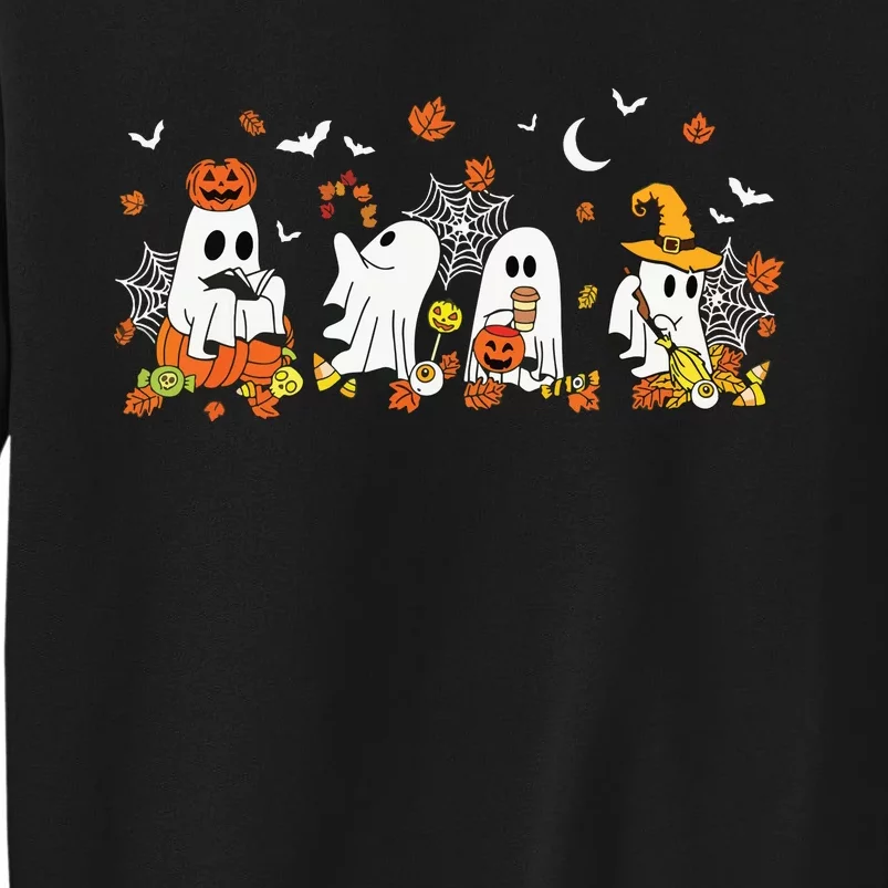 Halloween Ghost Drinking Coffee Fall Ghost Book Reading Gift Tall Sweatshirt