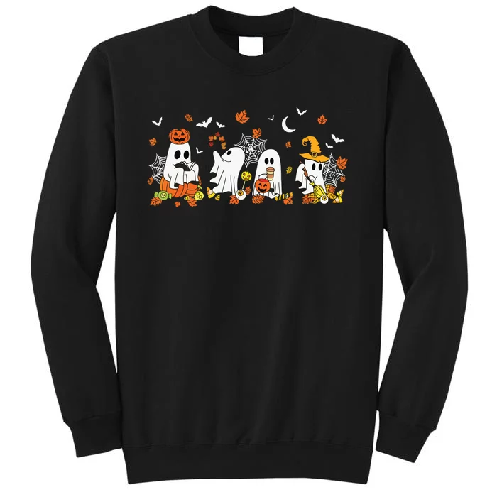 Halloween Ghost Drinking Coffee Fall Ghost Book Reading Gift Tall Sweatshirt