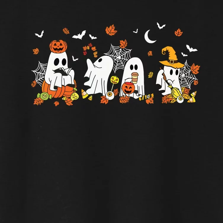 Halloween Ghost Drinking Coffee Fall Ghost Book Reading Gift Women's Crop Top Tee