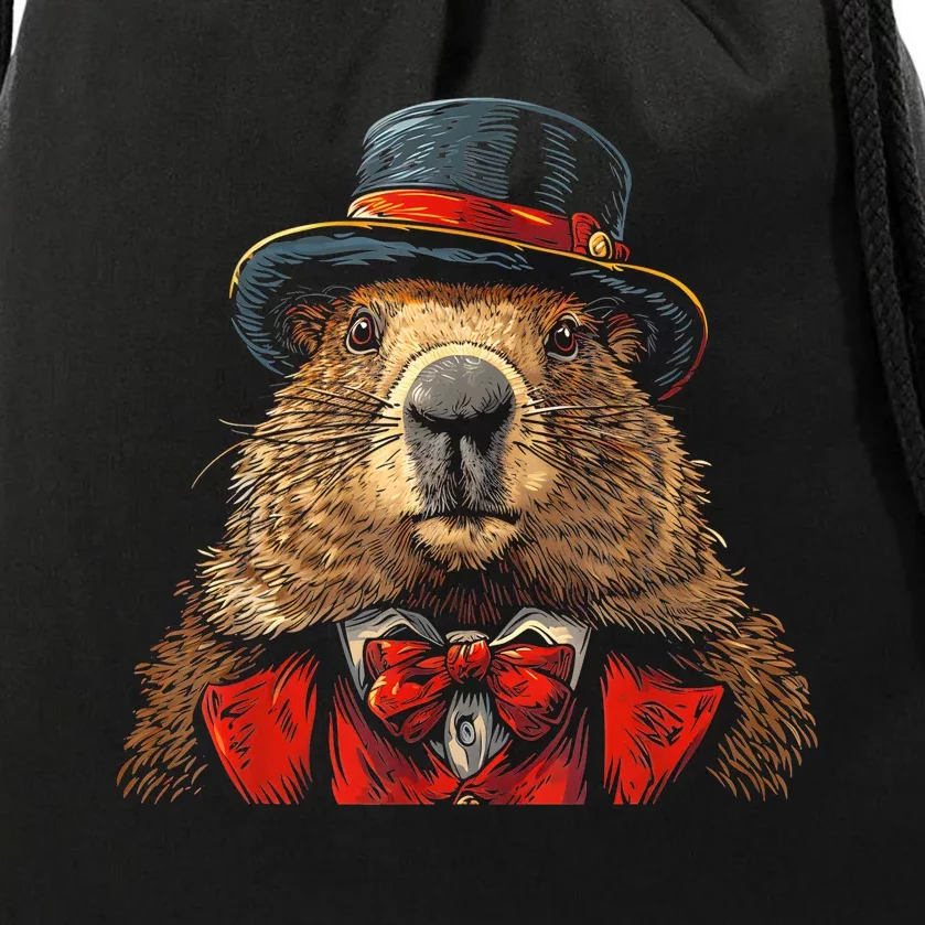 Happy Groundhog Day Ground Hog With Hat Animal Lover Drawstring Bag