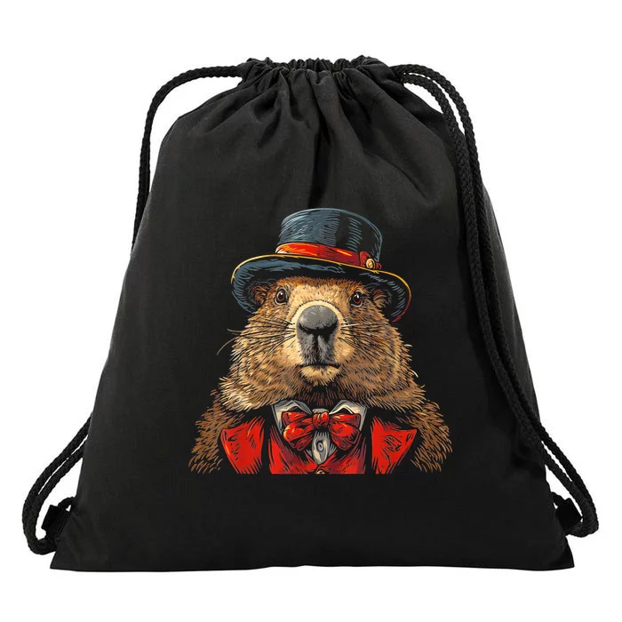 Happy Groundhog Day Ground Hog With Hat Animal Lover Drawstring Bag