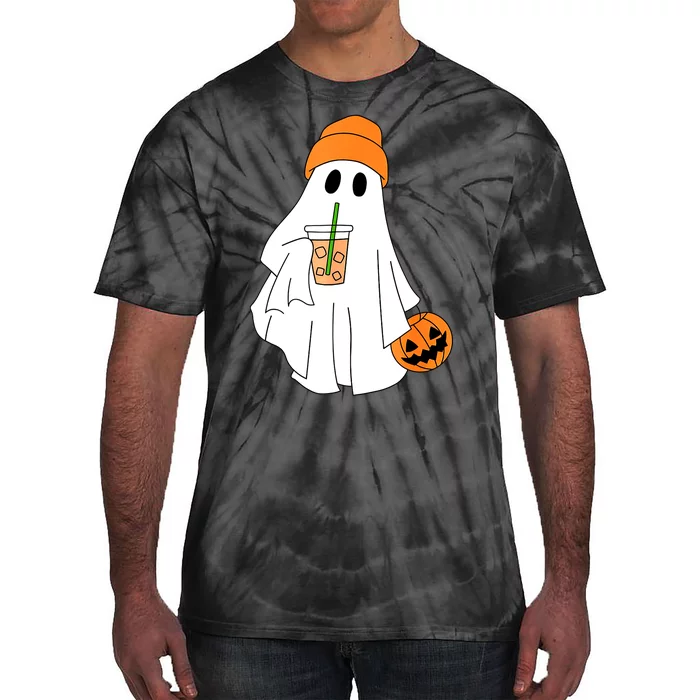 Halloween Ghost Drinking Coffee Funny Ghost Ice Coffee Gift Tie-Dye T-Shirt