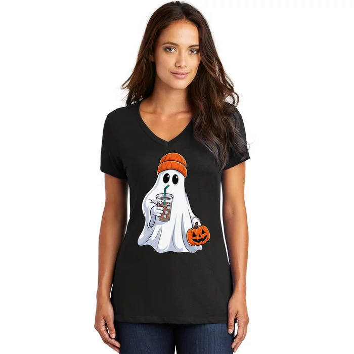 Halloween Ghost Drinking Coffee Ghost Ice Coffee Women's V-Neck T-Shirt