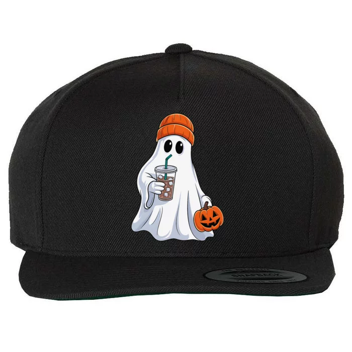 Halloween Ghost Drinking Coffee Ghost Ice Coffee Wool Snapback Cap