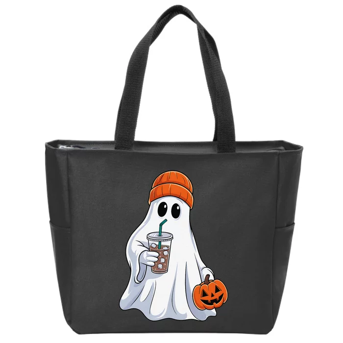 Halloween Ghost Drinking Coffee Ghost Ice Coffee Zip Tote Bag