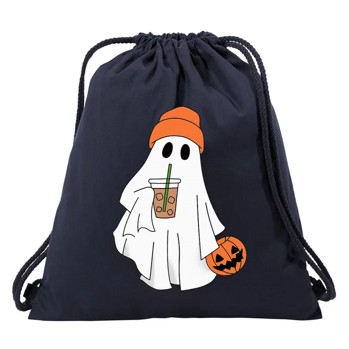 Halloween Ghost Drinking Coffee Ghost Ice Coffee Drawstring Bag