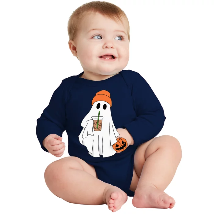 Halloween Ghost Drinking Coffee Ghost Ice Coffee Baby Long Sleeve Bodysuit