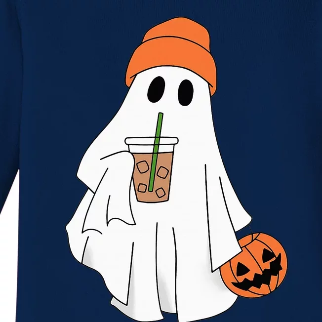 Halloween Ghost Drinking Coffee Ghost Ice Coffee Baby Long Sleeve Bodysuit