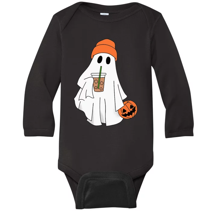 Halloween Ghost Drinking Coffee Ghost Ice Coffee Baby Long Sleeve Bodysuit