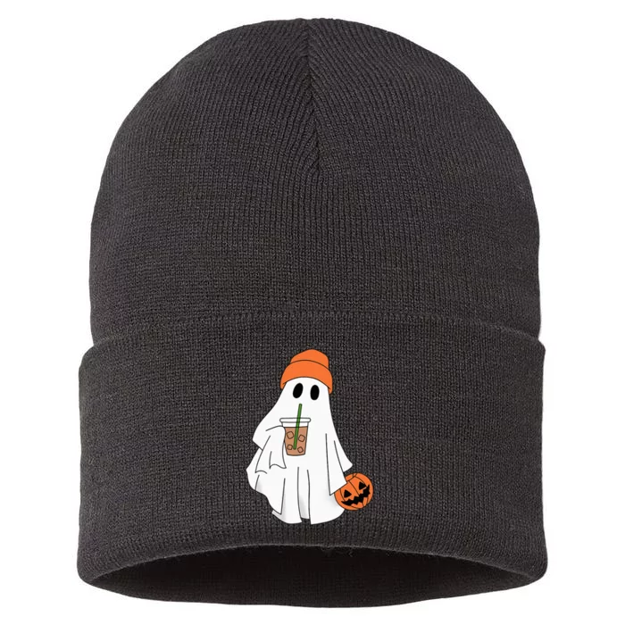 Halloween Ghost Drinking Coffee Ghost Ice Coffee Sustainable Knit Beanie