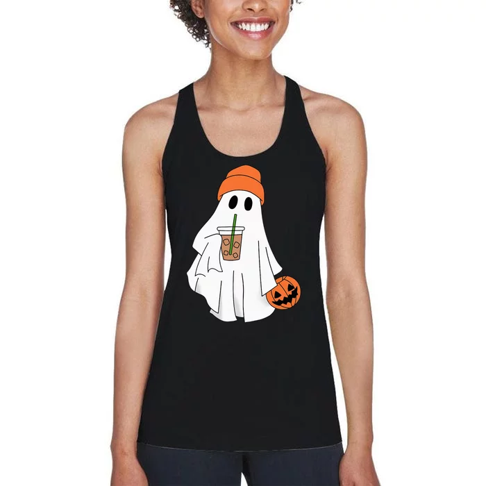 Halloween Ghost Drinking Coffee Ghost Ice Coffee Women's Racerback Tank