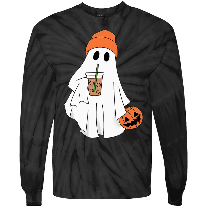 Halloween Ghost Drinking Coffee Ghost Ice Coffee Tie-Dye Long Sleeve Shirt