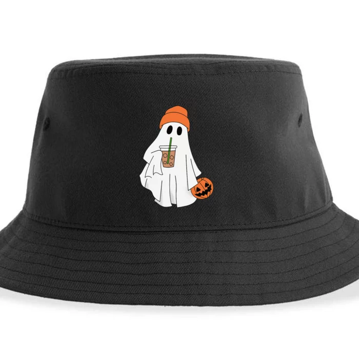 Halloween Ghost Drinking Coffee Ghost Ice Coffee Sustainable Bucket Hat