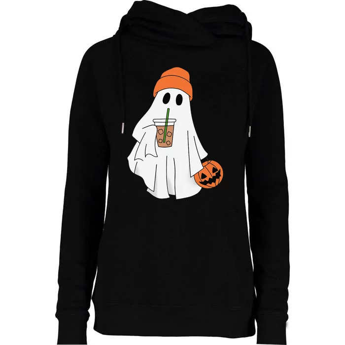 Halloween Ghost Drinking Coffee Ghost Ice Coffee Womens Funnel Neck Pullover Hood