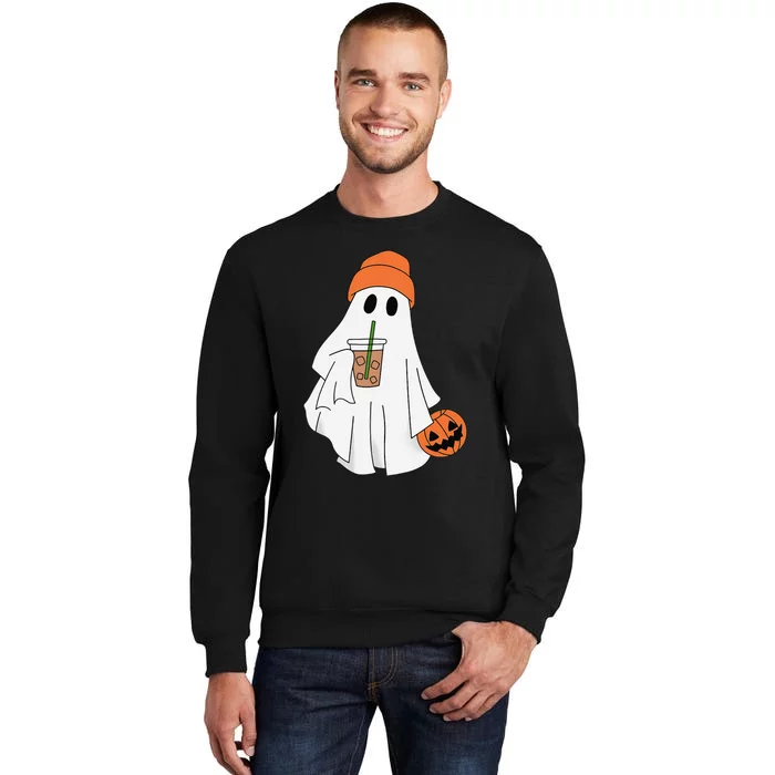 Halloween Ghost Drinking Coffee Ghost Ice Coffee Tall Sweatshirt