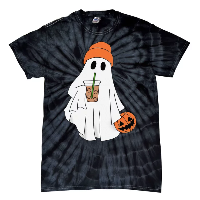 Halloween Ghost Drinking Coffee Ghost Ice Coffee Tie-Dye T-Shirt