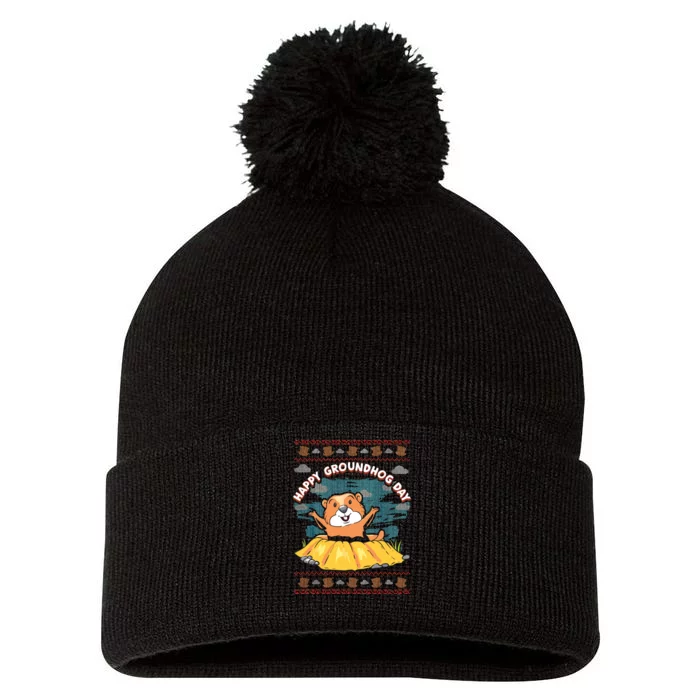 Happy Groundhog Day Teen Pom Pom 12in Knit Beanie