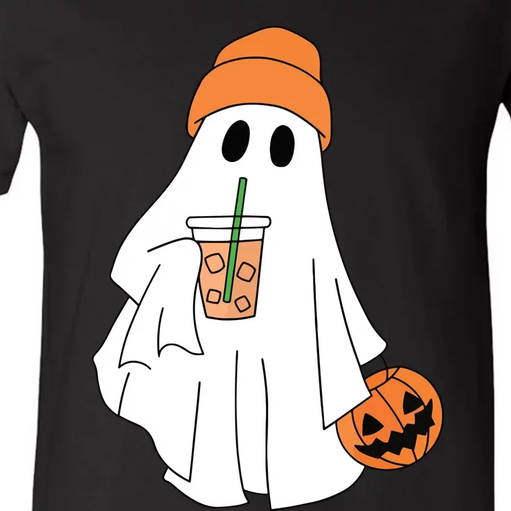 Halloween Ghost Drinking Coffee Ghost Ice Coffee Women V-Neck T-Shirt