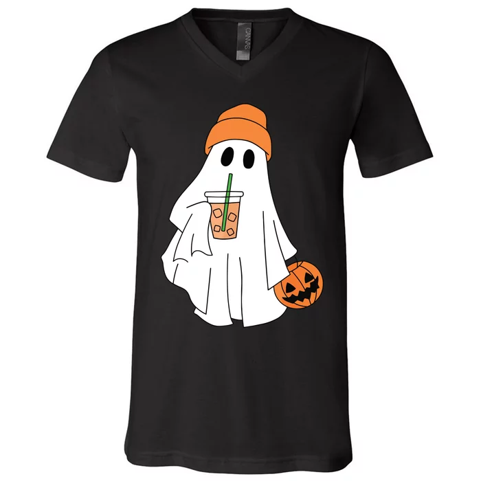 Halloween Ghost Drinking Coffee Ghost Ice Coffee Women V-Neck T-Shirt