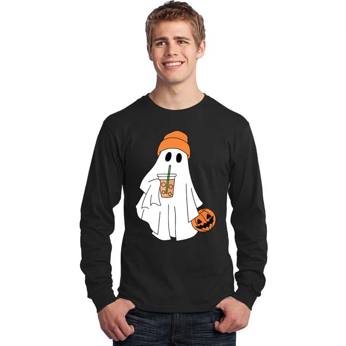 Halloween Ghost Drinking Coffee Ghost Ice Coffee Women Tall Long Sleeve T-Shirt