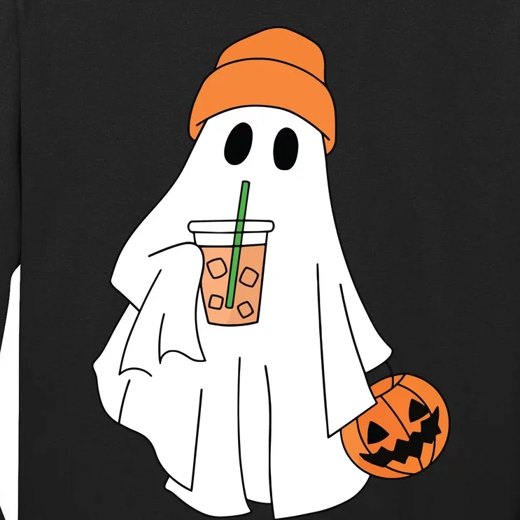 Halloween Ghost Drinking Coffee Ghost Ice Coffee Women Tall Long Sleeve T-Shirt