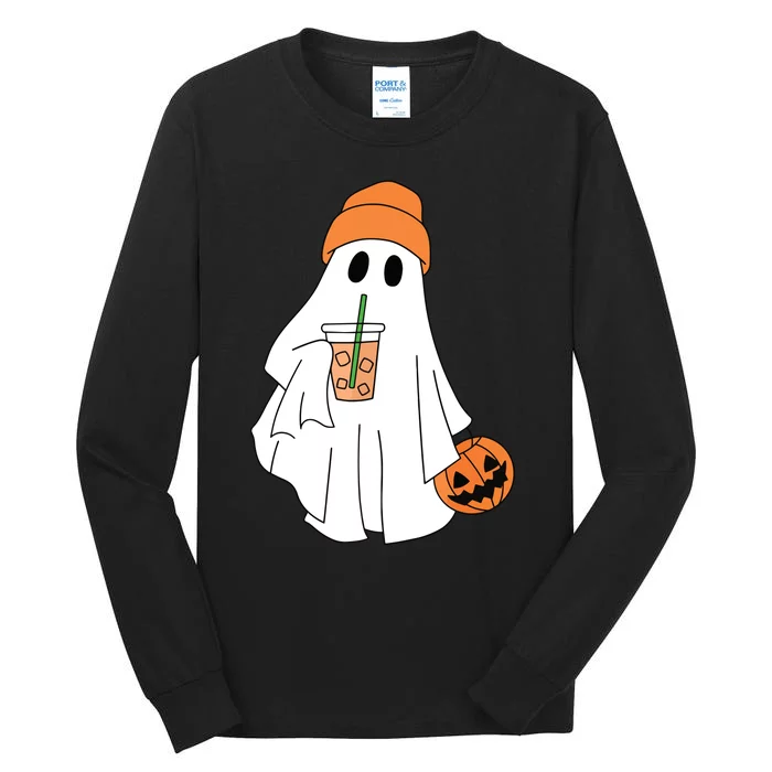 Halloween Ghost Drinking Coffee Ghost Ice Coffee Women Tall Long Sleeve T-Shirt