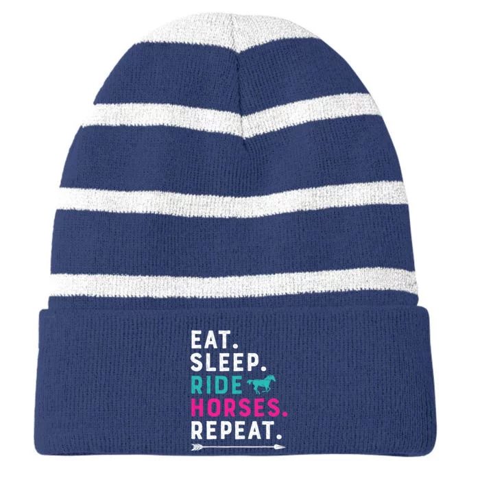 Horse Girl Eat Sleep Ride Horses Repeat Horseback Riding Striped Beanie with Solid Band