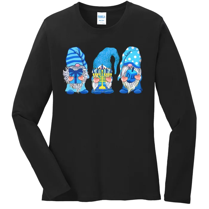 Hanukkah Gnomes Funny Gift Cute Gnomies With Menorah Ladies Long Sleeve Shirt