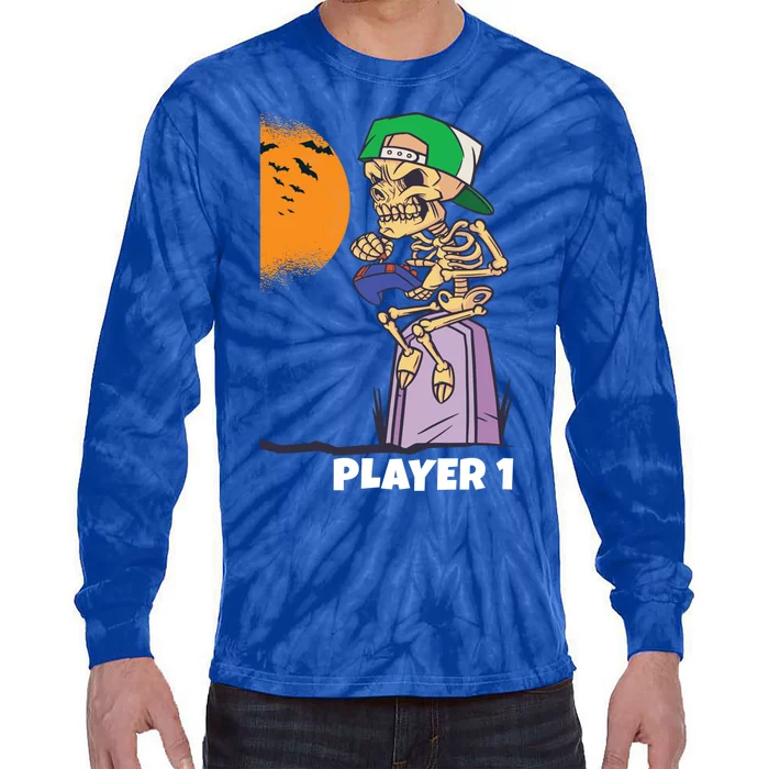 Halloween Gamer Funny Skeleton Player 1 Video Games Party Gift Tie-Dye Long Sleeve Shirt