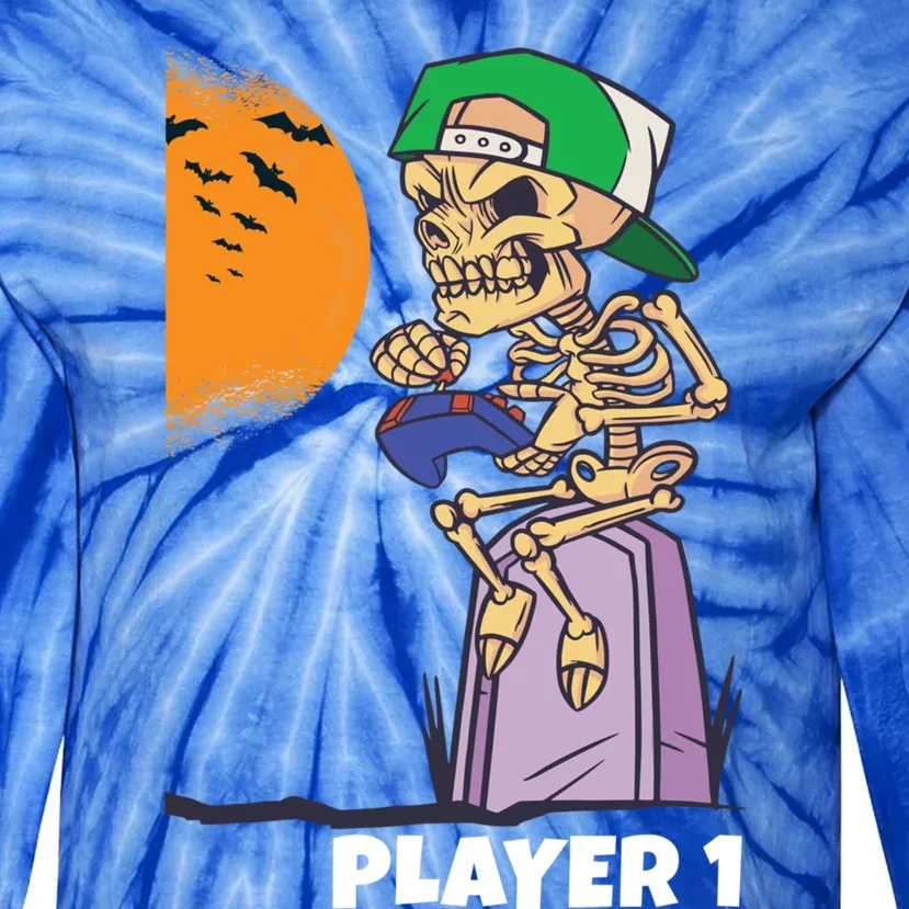 Halloween Gamer Funny Skeleton Player 1 Video Games Party Gift Tie-Dye Long Sleeve Shirt